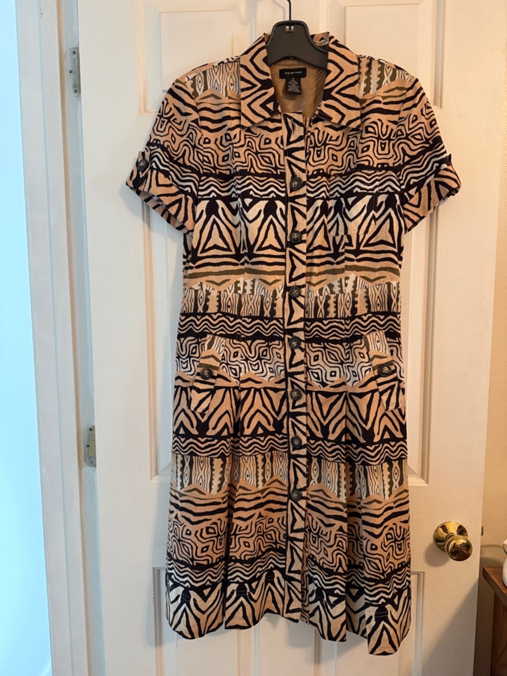 EUC Spense Linen Tan & Black Geometric Safari Button-Front Shirt Dress, size 10